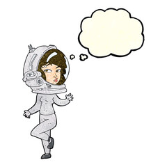 cartoon woman wearing space helmet with thought bubble