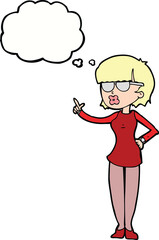 cartoon woman wearing spectacles with thought bubble