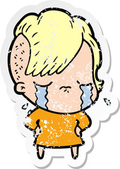 distressed sticker of a cartoon crying girl