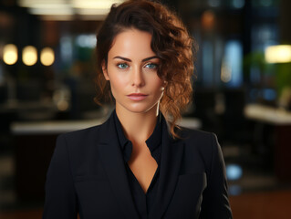 Beautiful business woman ceo standing in office arms crossed. Smiling mature confident professional executive manager, lawyer, businessman leader wearing black suit