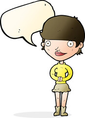 cartoon friendly woman with speech bubble