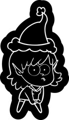 quirky cartoon icon of a elf girl staring and crouching wearing santa hat