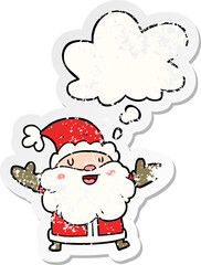 cartoon santa claus with thought bubble as a distressed worn sticker