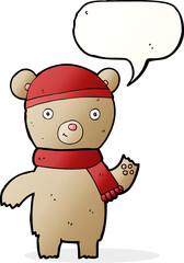 cartoon waving teddy bear with speech bubble