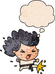 cartoon kicking karate champ with thought bubble in grunge texture style