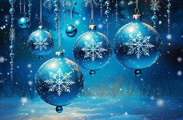Blue christmas balls on winter forest background. 3D illustration.