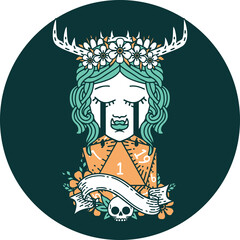 icon of crying orc druid character face with natural one D20 roll