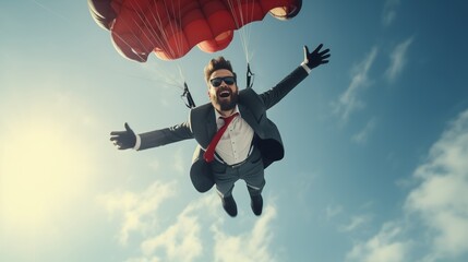 Conceptual image of businessman flying with parachute on back.
 - Powered by Adobe