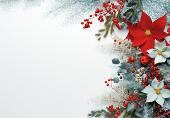 Christmas background with poinsettia, berries and snowflakes