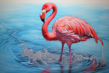 Flamingo standing in the middle of the water, drawn with colored pencils, highlighting the lines.