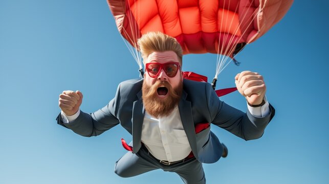 Conceptual image of businessman flying with parachute on back.
