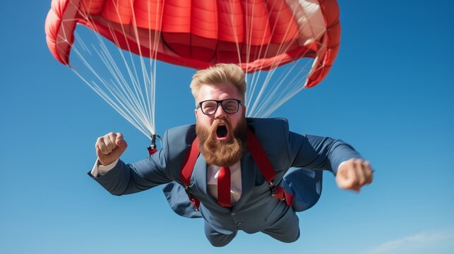 Conceptual image of businessman flying with parachute on back.
