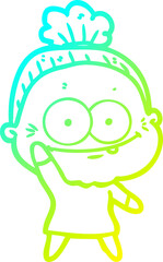 cold gradient line drawing of a cartoon happy old woman