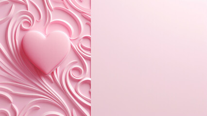 Greeting card banner with pink 3d heart on minimal textured background top view. Anniversary festive event concept