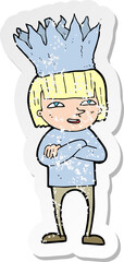 retro distressed sticker of a cartoon person wearing paper crown
