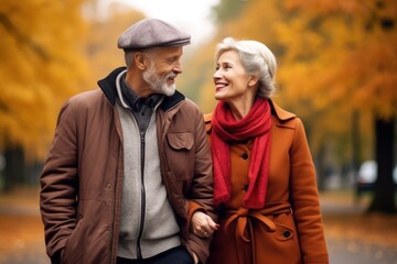 Fototapeta premium old couple walking in autumn park