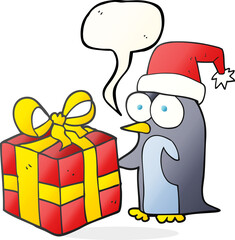 freehand drawn speech bubble cartoon christmas penguin with present