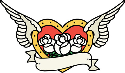 tattoo in traditional style of a flying heart with flowers and banner