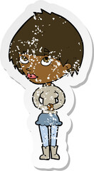 retro distressed sticker of a cartoon nervous woman