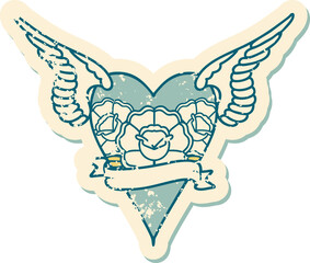 iconic distressed sticker tattoo style image of a flying heart with flowers and banner