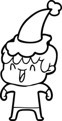 hand drawn line drawing of a laughing boy wearing santa hat