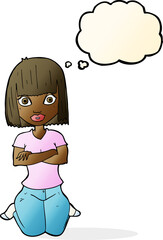 cartoon woman kneeling with thought bubble