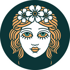 iconic tattoo style image of female face with crown of flowers