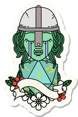 sticker of a crying orc fighter character face with natural one d20 roll