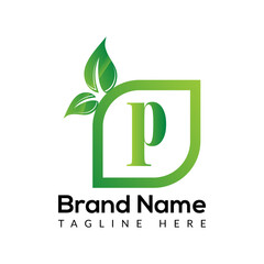 Eco Logo On Letter P Template. Eco On P Letter, Initial Eco, Leaf, Nature, Green Sign Concept	
