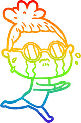 rainbow gradient line drawing of a cartoon crying woman wearing spectacles