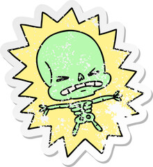 freehand drawn distressed sticker cartoon of a scary skeleton