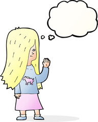 cartoon girl with pony shirt waving with thought bubble
