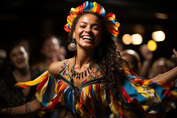 A jubilant woman dances with contagious enthusiasm at a festive event