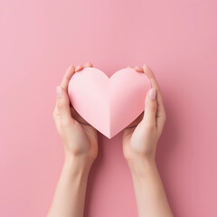Obraz premium Woman hands holding pink paper heart shape for Happiness moment, Health care, Birthday card, Anniversary, Donate, Hope, Kindness, Valentine's day concept, Generative AI.