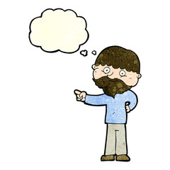 cartoon bearded man pointing with thought bubble
