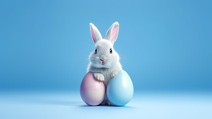 The Easter bunny is happy, sitting on colored paper