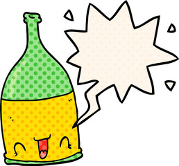 cartoon wine bottle with speech bubble in comic book style