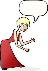 cartoon woman in dress gesturing with speech bubble