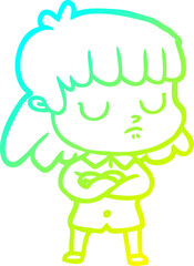 cold gradient line drawing of a cartoon indifferent woman folding arms