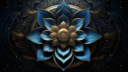a stylized blue and black mandala design with a lotus flower