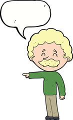 cartoon man with mustache pointing with speech bubble