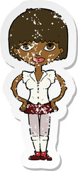 retro distressed sticker of a cartoon woman with hands on hips