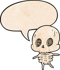 Fototapeta premium cute cartoon skeleton with speech bubble in retro texture style