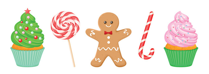 Set of Christmas sweets. Festive cupcakes, gingerbread man, lollipop and candy cane.Vector cartoon illustration. Holiday food icons. 