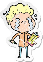 distressed sticker of a cartoon man crying
