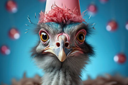 Funny ostrich with party hat and balloons on blue background, closeup