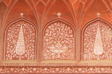 Taj Mahal Gateway Detail of architecture pattern broen white