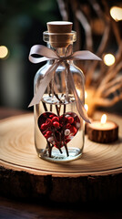 Fototapeta premium Glass bottle adorned with a ribbon and filled with heart-shaped ornaments, set against a backdrop of warm lights for a romantic setting.