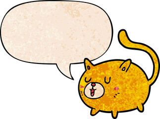 cartoon happy cat with speech bubble in retro texture style