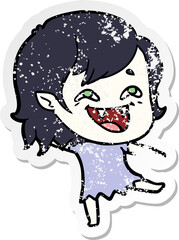 distressed sticker of a cartoon laughing vampire girl